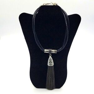 Medival Inspired Necklace Black Leather Large Chain Tassle Silver Hardware